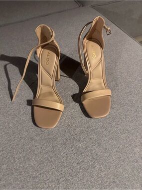 Aldo Beige Ankle-Strap Block Heel Sandals